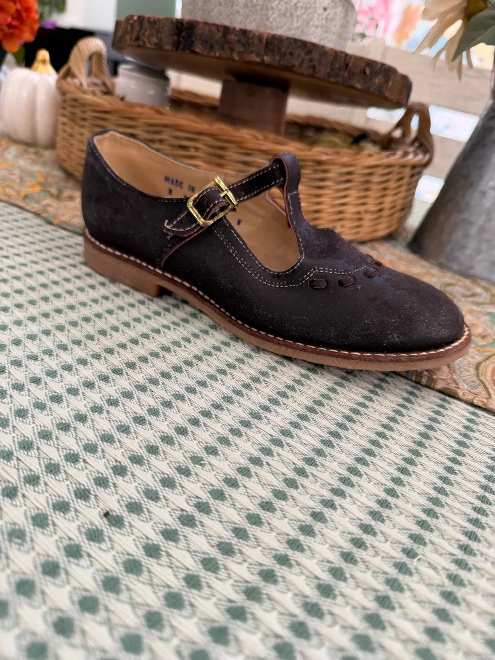Vintage Handmade Dark Brown Suede Mary Jane Leather Shoes with Buckle Sz 3